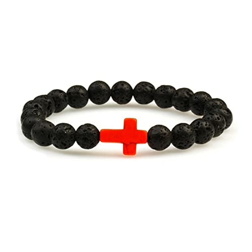 FORUBUS Lava Rock Stone Beaded Bracelet, Cross Charm Natural Volcanic Stone beads Turquoise Stretch Bracelet for Women Men Religion Jewelry Pray Baptism Gift - color: 1pcs red