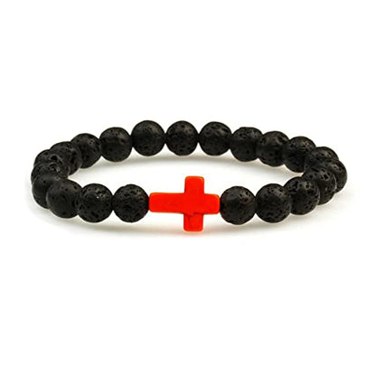 FORUBUS Lava Rock Stone Beaded Bracelet, Cross Charm Natural Volcanic Stone beads Turquoise Stretch Bracelet for Women Men Religion Jewelry Pray Baptism Gift - color: 1pcs red