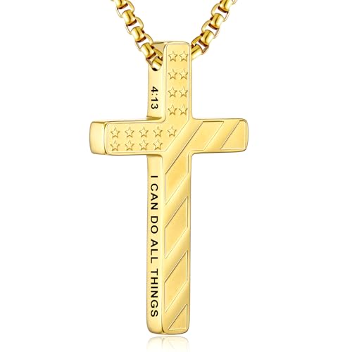 RWQIAN American Flag Cross Necklace for Men,Stainless Steel Bible Verse Cross Pendant Mens Chain,Crucifix Necklace for Christians Teen Baptism Gift Ideas Catholic Men Cool Stuff Personalized Gifts - color: Gold Plated, style: Philippians 4:13