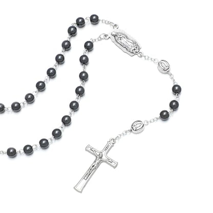 KOMI 6mm Glass Pearl Rosary Beads Catholic for Women with Metal Rosary Box Religious Gifts - style: Guadalupe-hematite