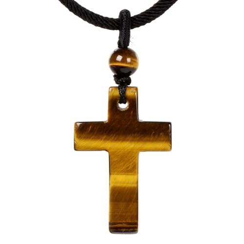 Justinstones Natural Gemstone Carved Cross Reiki Chakra Pendant Necklace 22 Inch - color: 30mm Yellow Tiger Eye