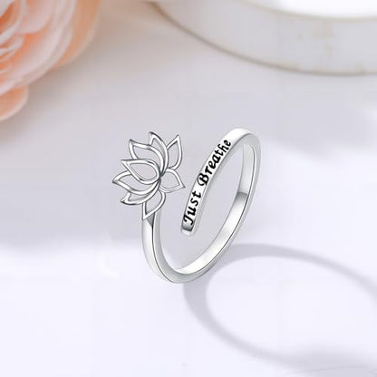 ROMANTICWORK Just Breathe Ring 925 Sterling Silver Cross/Lotus/Dandelion Adjustable Opening Ring Inspirational Jewelry for Women Birthday Christmas Gifts - style: Lotus
