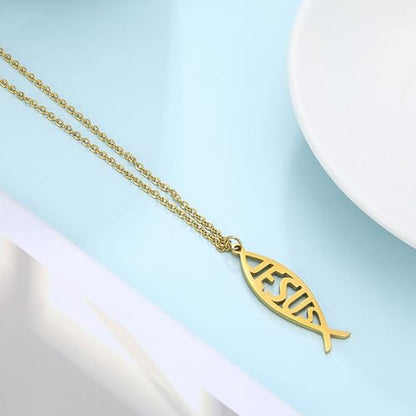 Ichthus Necklace for Women Christian Jesus Fish Necklace Christ Fish Cross Ichthys Pendant Necklace Ichthus Fish Religious Symbol Pendant Christian Jewelry Gift - color: Jesus Fish gold