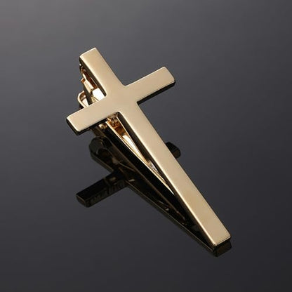 Novelty Silver Gold Black Tie Clip for Men Unique Owl Fish Shark Guitar Cross Tie Bar Neckties for Regular Wedding Business Tie Pin Clips Jewelry - style: Gold Cross