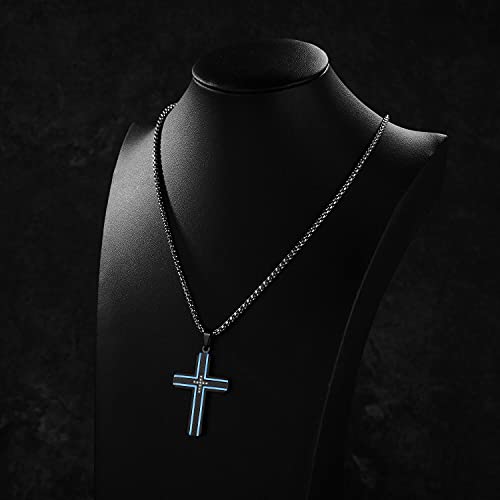 Men's Stainless Steel Cross Necklace,Two-Tone Black & Blue Carbon Fiber Pendant - Included Gift Box - style: Black & Blue XL0004