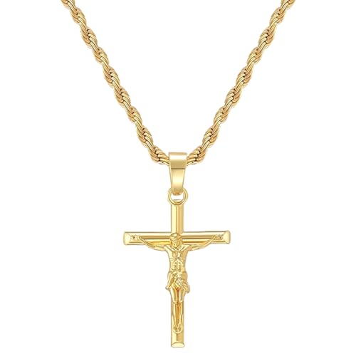 18K Gold Plated Cross Pendant with 3mm 22" Rope Chain for Men Catholic Jesus Cross Pendant