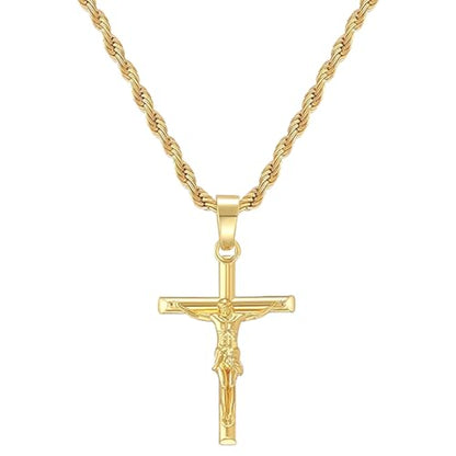 18K Gold Plated Cross Pendant with 3mm 22" Rope Chain for Men Catholic Jesus Cross Pendant
