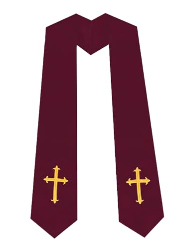 Unisex Clergy Stole with Embroidery Cross 72", Traditional Choir Stole - color: Maroon