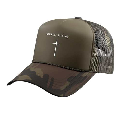 Christ is King Jesus Cross - Minimalist Christian Faith Trucker Hat with Adjustable Mesh Back - color: Camo Green