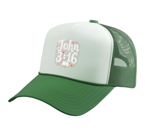 John 3:16 Bible Verse Flowers Christian Religious Women Trucker Hat with Adjustable Mesh Back - color: Kelly Green/White