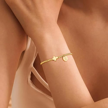 M MOOHAM Cross Initial Bracelets for Women, Letter A-Z Gold Beaded Bracelet - color: N