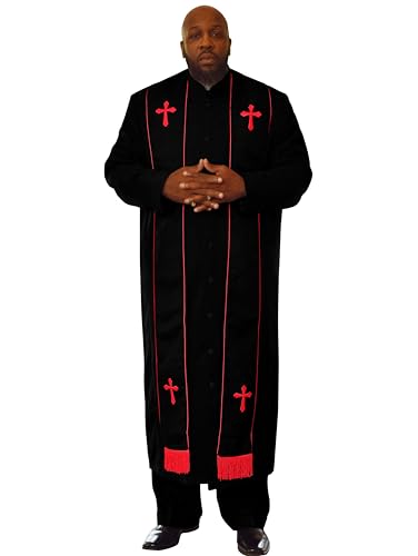 Clergy Robes for Men Pastor with Bordered Stole – Elegant Church Minister Robe with Cross Design Stole - color: Black/Red, size: 60 Chest 60 Length
