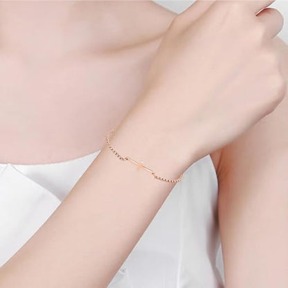NARTGO Sideways Cross Christian Bracelet for Women Religious Faith Believe Bracelet Baptisms Jewelry Gift Stainless Steel Adjustable Chain - color: Rose Gold