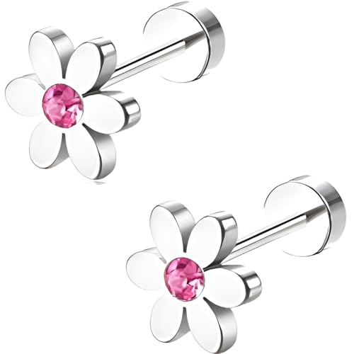 Stainless Steel Stud Earring 1 Pair Silvery Flatback Earrings Hypoallergenic Screwback Jewellery Flat Back Helix Jewelry for Sensitive Ears Women Ladies Aretes De Mujer - style: Pink Daisy