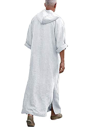 Jacansi Men's 65% Cotton 35% Linen Kaftan Thobe, Long Sleeve Casual Arabic Robe, Loose Long Gown with Pockets - color: 3# White, size: Medium