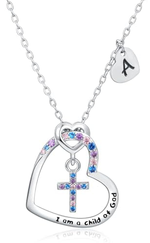 Cross Necklace for Girls | I am a child of God Necklace for Girls | Heart Letter initial | 18K White Gold Plated Pendant Jewelry First Communion Baptism Gifts Christmas Birthday Gifts for Girl Women - color: A