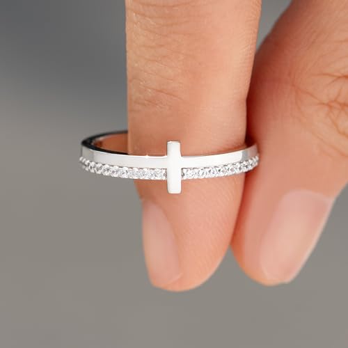 STORYJEWELLERY Cross Rings for Women, 925 Sterling Silver Purity Ring with Cubic Zirconia, Dainty Christian Jewelry, Confirmation and Baptism Gifts - color: Cross Ring-925 Sterling Silver with White Gold