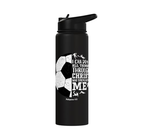 Christian Soccer Faith Graphic Bible Verse Philippians 4:13 Stainless Steel Insulated Water Bottle - color: Black