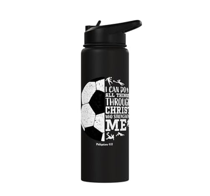 Christian Soccer Faith Graphic Bible Verse Philippians 4:13 Stainless Steel Insulated Water Bottle - color: Black