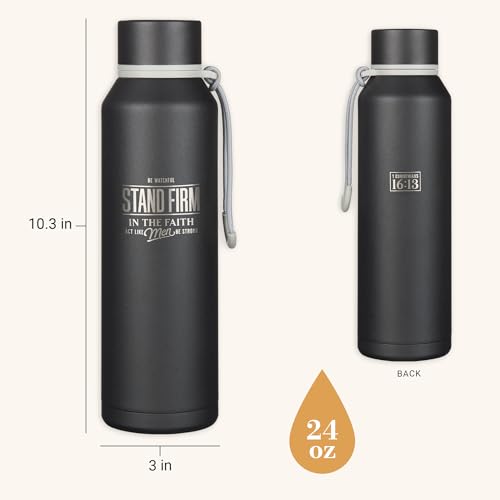 Christian Art Gifts Stainless Steel Double Wall Vacuum Sealed Insulated Water Bottle for Men: Stand Firm Laser Engraved Inspirational Bible Verse, Spill/Leak-proof, Twist Cap, Carry Loop, Black, 24 oz - color: Black/Stand Firm