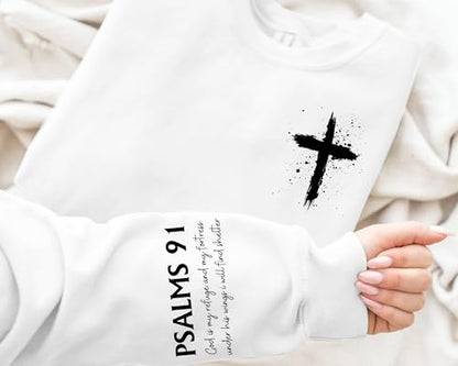 MOUSYA Women Christian Sweatshirt Psalms 91 Sleeve Print Sweatshirt Bible Verse Pullover - color: White, size: Small