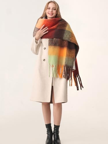 HOTIAN Women's Large Scarf Colorful Chunky Plaid Scarves Soft Winter Thick Tassel Warm Wrap Shawl - color: Tangerine (Falling Leaves)