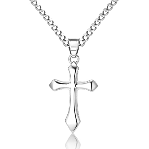 ALEXCRAFT Gold Cross Necklace for Men,14K Gold Plated Cross Pendant Necklace Cuban Chain Stainless Steel Cross Necklace Faith Cross Jewelry Gift Minimalist Trendy Pendant Necklaces - color: Silver