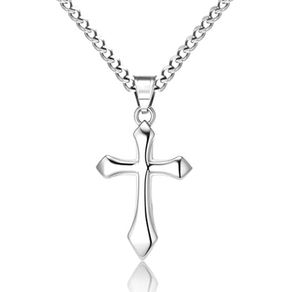 ALEXCRAFT Gold Cross Necklace for Men,14K Gold Plated Cross Pendant Necklace Cuban Chain Stainless Steel Cross Necklace Faith Cross Jewelry Gift Minimalist Trendy Pendant Necklaces - color: Silver