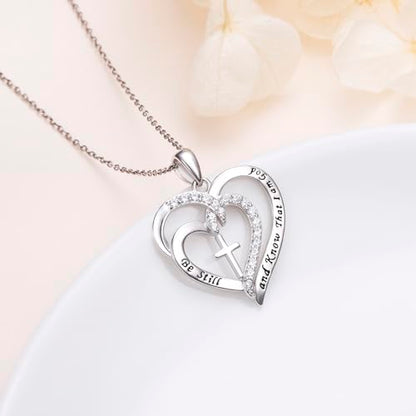 S925 Sterling Silver Christian Cross Heart Faith Bible Verse Necklace Rings - style: Be Still and Know That I am God