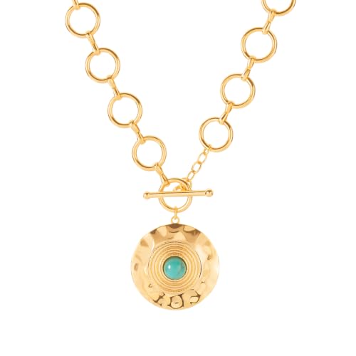 SOFYBJA Saint Benedict Necklace Drop 18K Gold Toggle Medallion Coin Cross Pendant Necklaces Religious Jewelry Catholic Gift for Women - color: Gold Turquoise Disc Necklace
