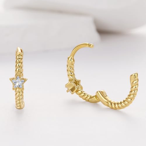Turquoise Cross Hoop Earrings for Women 14K Gold Plated Infinity Angel Feather Pearl Turquoise Cross Star Hypoallergenic Post Christan Everyday Huggie Jewelry Gift - color: Gold Star CZ