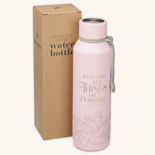 Christian Art Gifts Insulated Stainless Steel Water Bottle: All Things are Possible Bible Verse, Encouraging Gift for Women, Pink & Gold Floral Design, Leak-Proof Twist Cap, Carry Loop, 24 oz. - color: Pink Floral/All Things are Possible