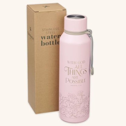 Christian Art Gifts Insulated Stainless Steel Water Bottle: All Things are Possible Bible Verse, Encouraging Gift for Women, Pink & Gold Floral Design, Leak-Proof Twist Cap, Carry Loop, 24 oz. - color: Pink Floral/All Things are Possible