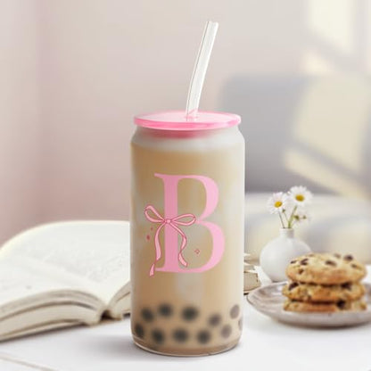SANDJEST Monogrammed Glass Drinking Can Cup with Acrylic Lid and Straw, Personalized Frosted Iced Coffee Tumbler 16oz, Monogram Initial Gifts for Women Girls on Birthday (B) - color: B