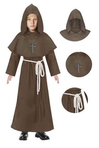 Kids Medieval Monk Robe Hooded Friar Cloak - color: Brown, size: Large
