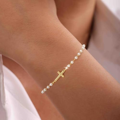 Moodear Cross Bracelet for Women, Dainty Sterling Silver/Gold Plated Gift - color: Pearl Gold Cross Bracelet
