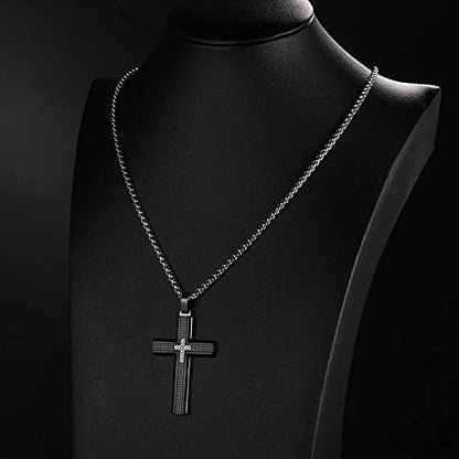 Holizaly Men's Cross Necklace 316L Stainless Steel Pendant White/Gold/Black/Blue Rolo Chain-Gift Box Included - color: black -B