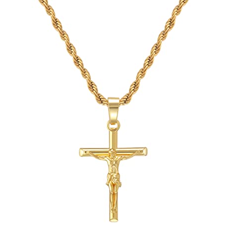 HELLOICE Crucifix Cross Necklace 18K Gold Plated Cross Pendant with 3mm 22" Rope Chain for Men Women - style: Crucifix Cross-Gold