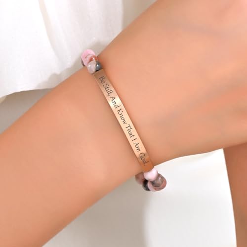 Inspirational Bracelets for Women,18K Gold Plated Christian Bible Verse Faith Jewelry, Religious Jesus Prayer Gift for Mom, Sister, Friend - color: Be still, and know that I am God-Pink Zebra Jasper