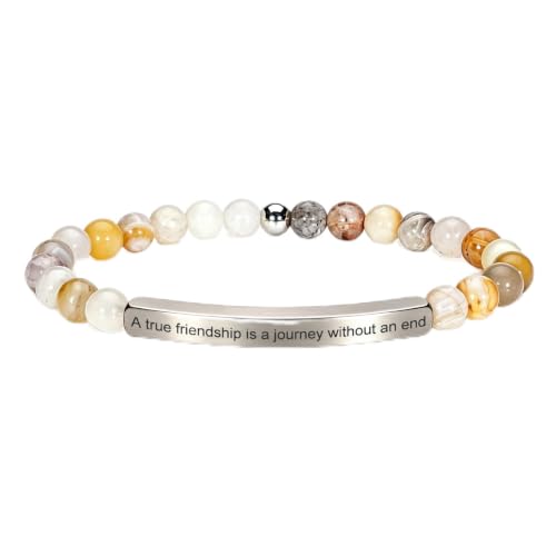 Inspirational Christian Bracelet for Women, Bamboo Leaf Agate Beaded Bible Verse Jewelry, 18K Gold Plated Religious Faith Gift, Scripture Encouragement Jewelry for Her - color: A true friendship is a journey without an end-Bamboo Agate Silver