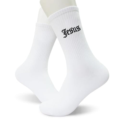 Christian Embroidered Crew Socks, Jesus Faith Religious Socks for Women and Men, Cross Scripture Novelty Gift Socks - color: Gothic Jesus White