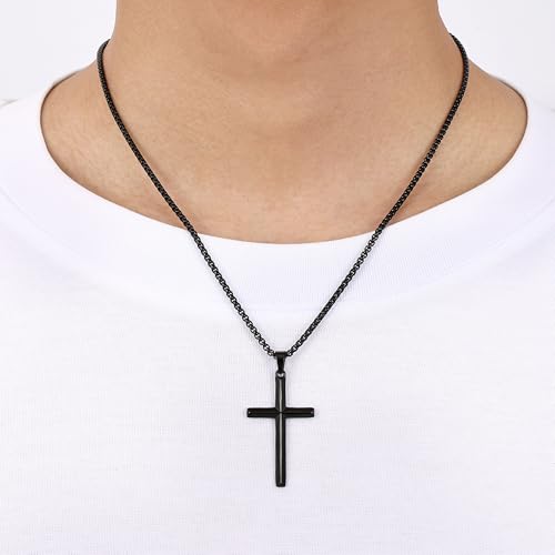 Fiusem Beveled Edge Cross Necklace for Men - size: 16 inches, style: Black cross: 1.6"*1.0"