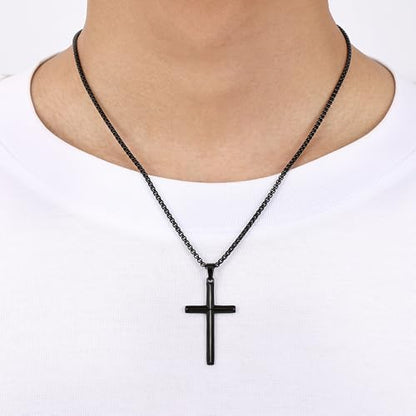 Fiusem Beveled Edge Cross Necklace for Men - size: 18 inches, style: Black cross: 1.6"*1.0"