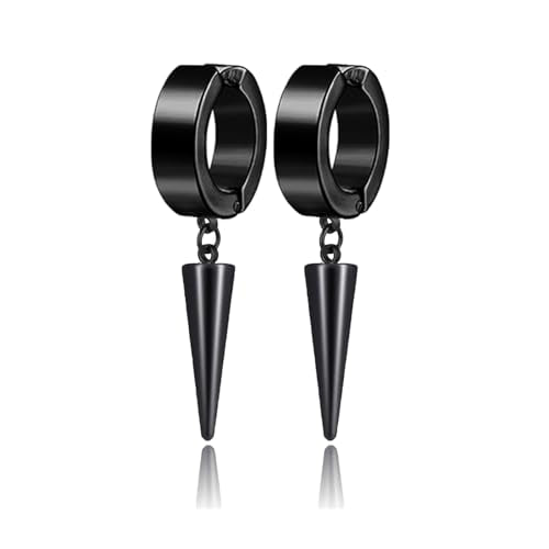 Unisex Punk Hip Hop Stainless Steel Silver Black Gold Tone Lock Thunder Lightning Bolt Dangle Huggie Hoop Earrings Gift for Women Men Boy Teens - color: Black-No Pierce Spike Awl