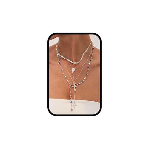 Layered Cross Necklace Set for Women Men – Multi Chain Gold Silver Cross Pendant Jewelry with Rhinestone Accents, Vintage Punk Gothic Style Jewelry Gifts - color: E: Silver