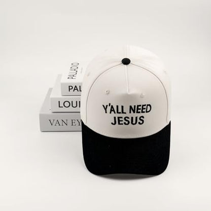 Embroidered Christian Two-Tone Baseball Cap for Men & Women, Adjustable Dad Hat Christmas Easter Gift - color: Y'all Need Jesus, Black/Beige
