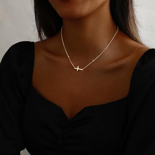 Cross Necklace for Women 14K Gold Silver Plated Small Cross Necklace Dainty Cross Pendant Choker Simple Trendy Cute Sideway Cross Charm Chain Necklaces for Women Trendy Christian Baptism Religious Faith Jewelry Gifts - size: Gold-214