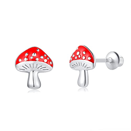 Butterfly Ladybug Unicorn Sloth Flamingo Dog Cat Turtle Angel Koala Daisy Panda Stud Earrings for Girls Women - Sterling Silver Hypoallergenic Animal Earrings with Secure Screw Backs - color: Mushroom