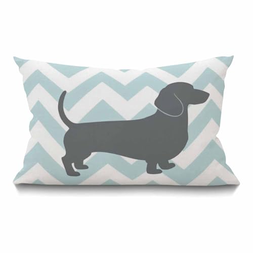 Dachshund Dog Pillow Dachshund Pattern Dog Teal Waves Striped Cotton Linen Cushion Cover Oblong Rectangle Pillow Cases for Men Women Boys Girls Kids Pillowcase Sofa Bedroom Livingroom 12x20 inch - color: Md023
