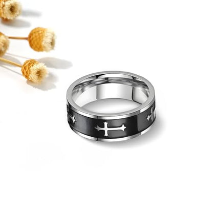 Retro Minimalist Cross Ring 8mm Stainless Steel Black Oxidation Corrosion Ring Anti Tarnish Classic Band Ring Fashion Jewelry for Men Women,Size Available - style: big cross